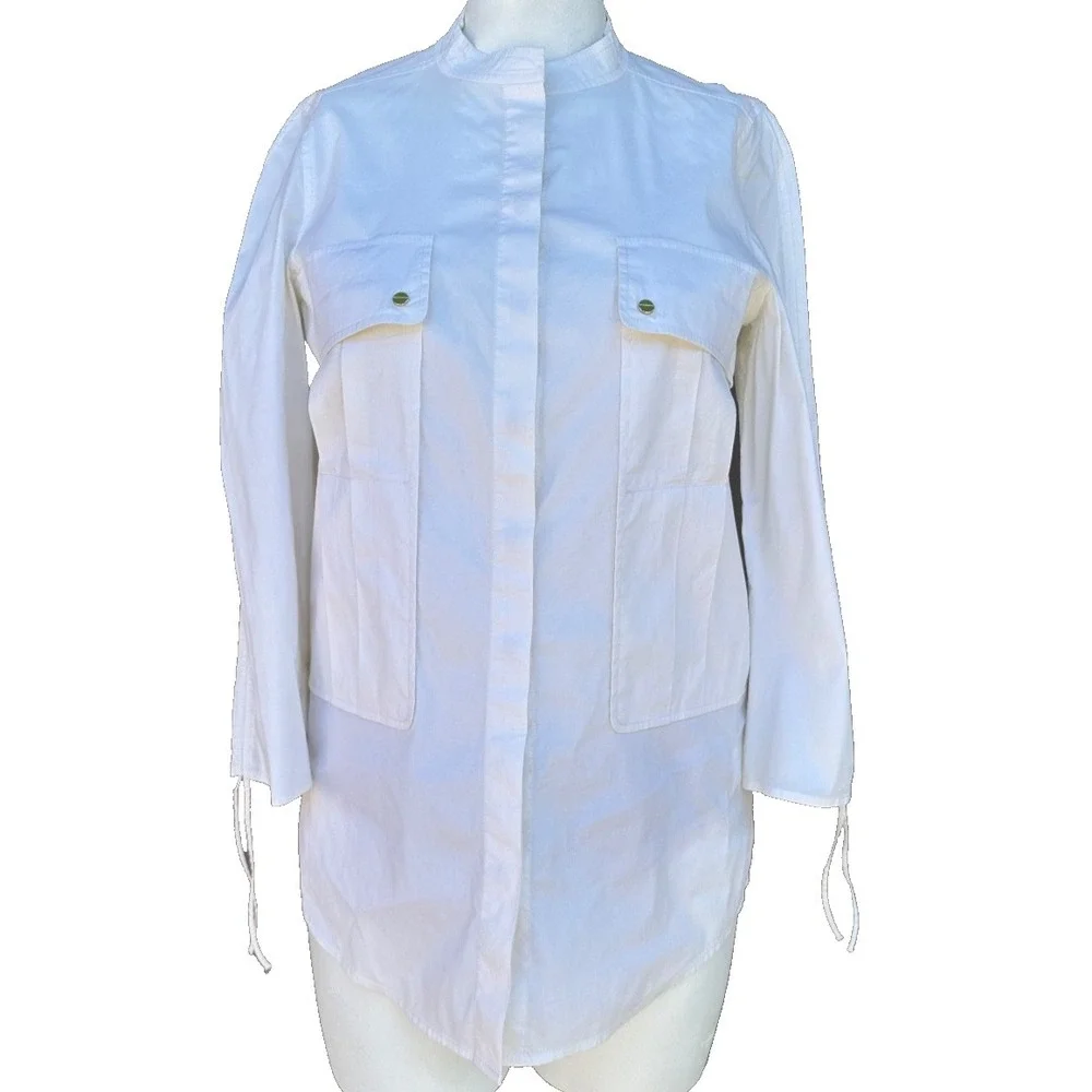 Tory Burch White Cotton Tie Waist Top 8 Mandarin Collar 3/4 Sleeve Preppy Office